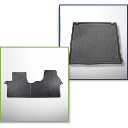 Set: rubberen automatten + koffeerbakmat voor Renault Trafic III Bestelwagen (09.2014-....) - Guardliner - passagiersversie (combi / tour); achter de derde zitrij; lange versie; niet-verschuifbare stoelen, gemonteerd op haken