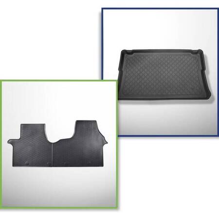 Set: rubberen automatten + koffeerbakmat voor Renault Trafic III Bestelwagen (09.2014-....) - Guardliner - passagiersversie (combi / tour); achter de derde zitrij; verkorte versie; niet-verschuifbare stoelen, gemonteerd op haken