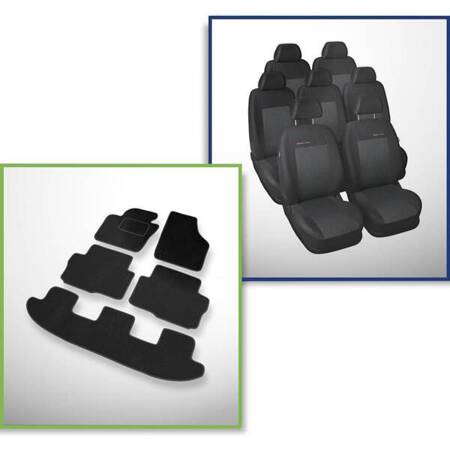 Set: velours automatten + op maat gemaakte autohoezen voor Seat Alhambra II Bestelwagen (2010-....) – Elegance P-3 - standaard hoofdsteunen